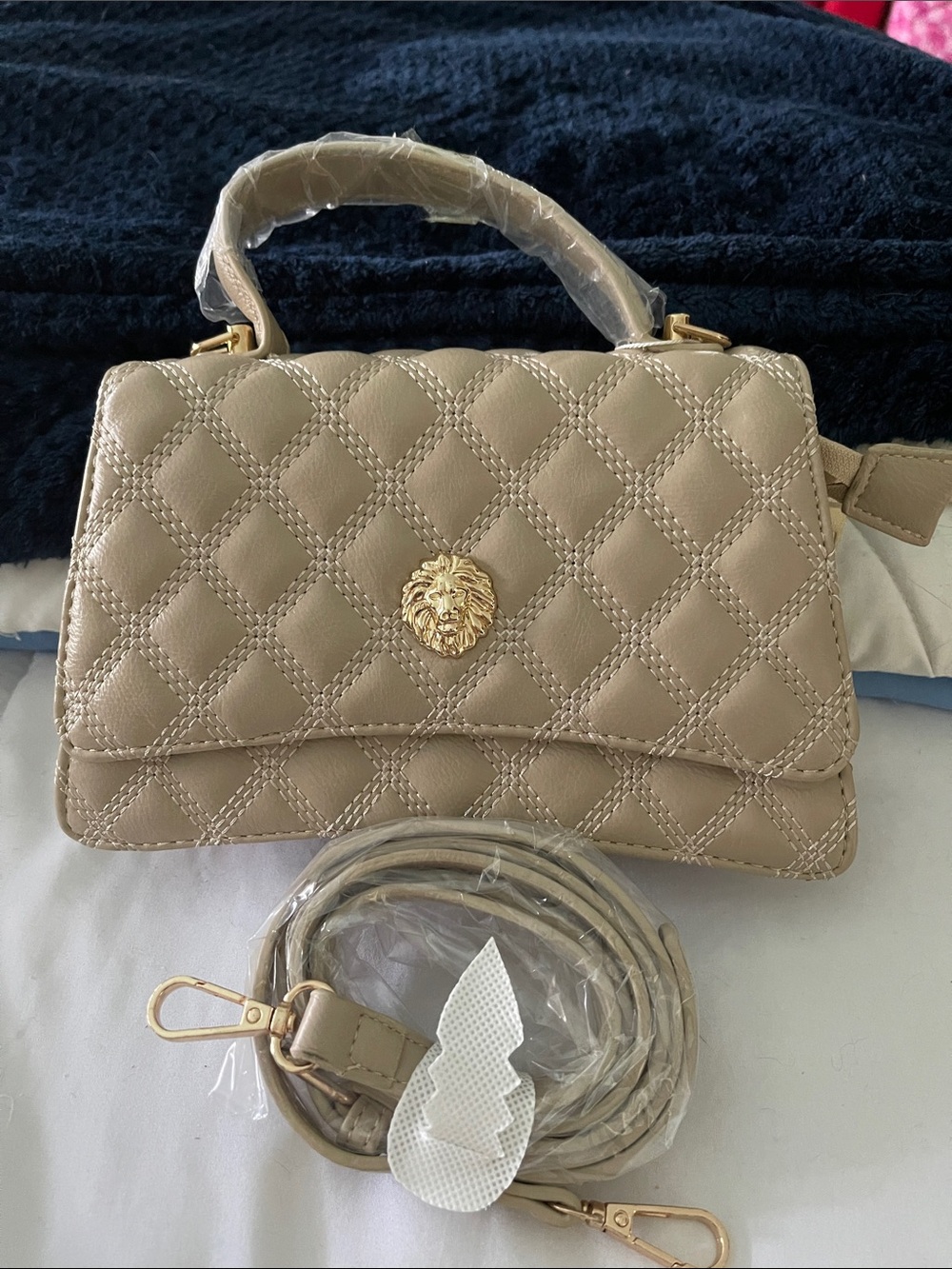 Quilted Top-Handle Crossbody Bag in Beige